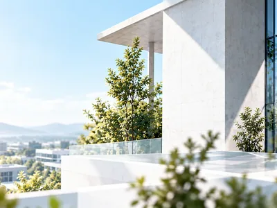 Illustrative modern architecture framed by trees and landscaped grounds