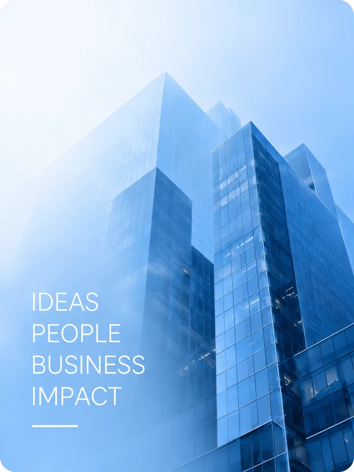 Modern architectural illustration of blue buildings with the text Ideas, People, Business, Impact