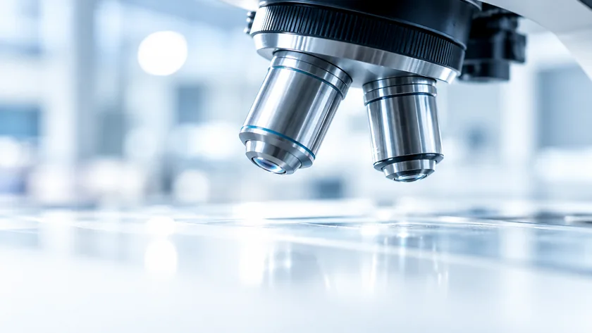 Laboratory microscope objectives over a bright scientific work surface