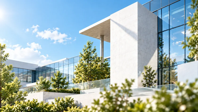 Modern research and enterprise building with glass façades and landscaping