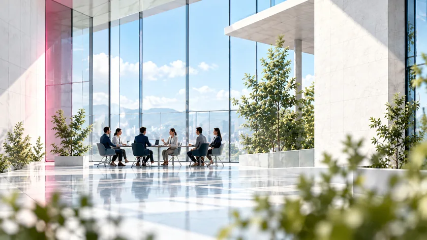 People collaborating at a meeting in a bright glass-walled building